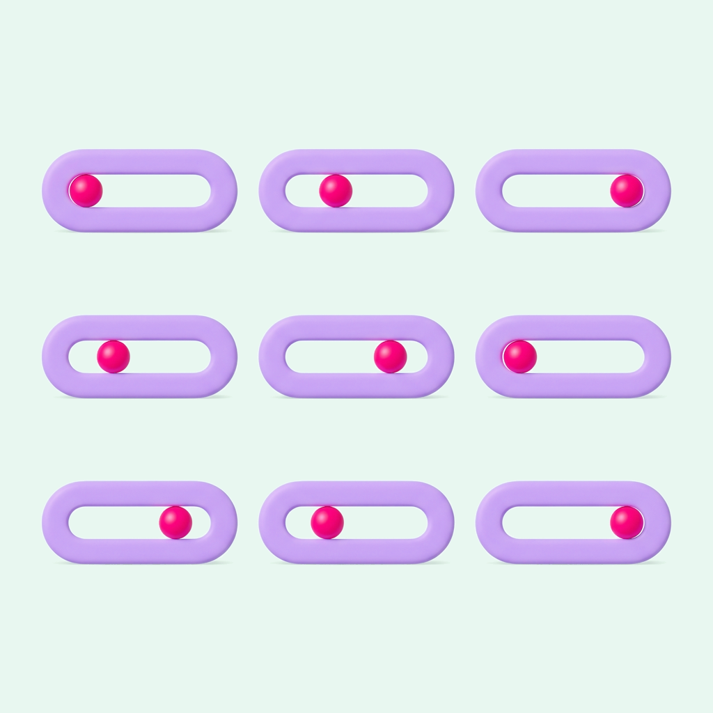 Nine states of one band, laid out in a grid: the sphere at a different point along the slot in each, and never in the middle.